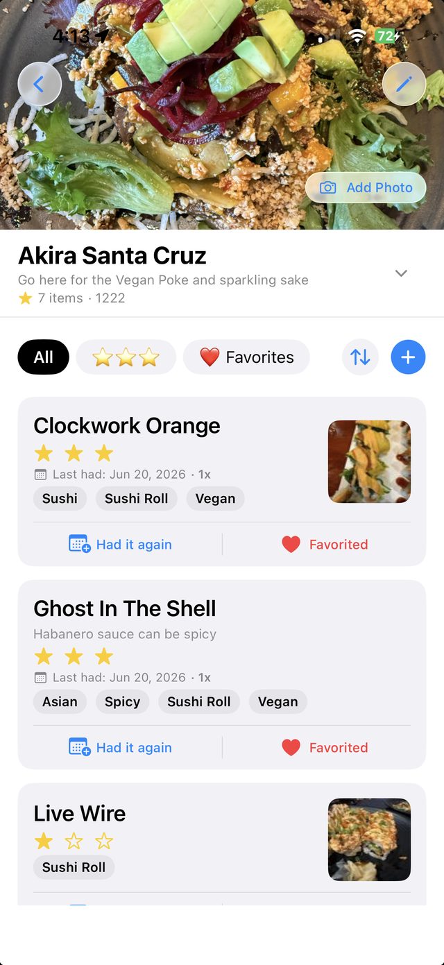 Favos business detail screen for Akira Santa Cruz showing rated items