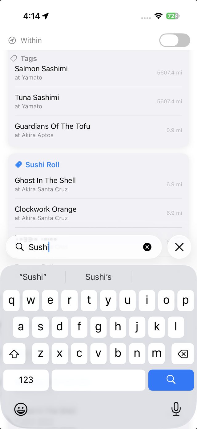 Favos search screen showing results for "Sushi" tagged items
